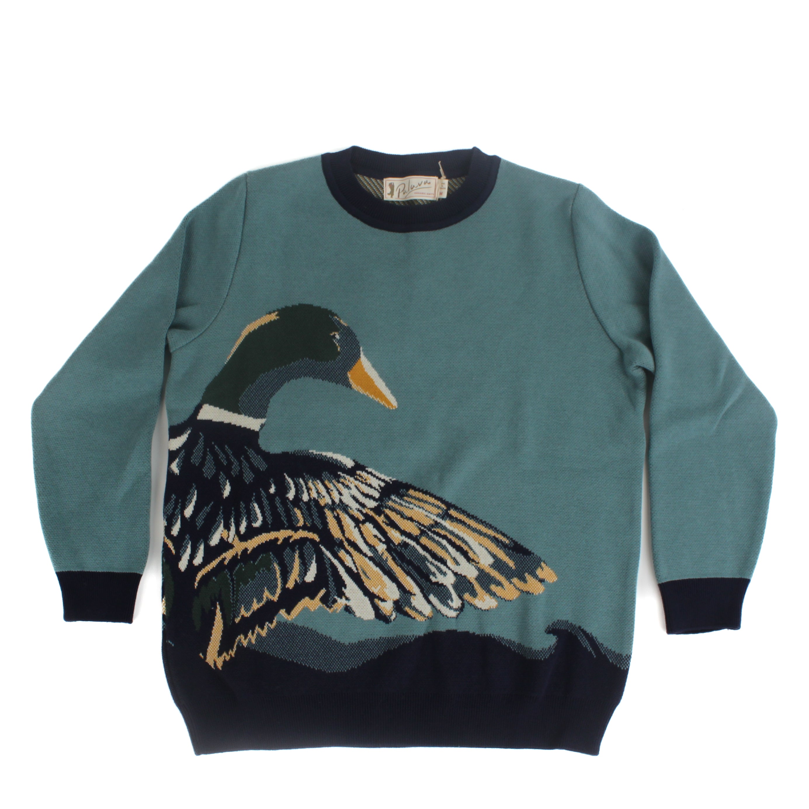 Teal knit sweater featuring a detailed mallard duck motif across the front