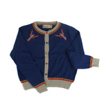 Blue knit cardigan featuring embroidered lobster motifs on the chest with contrast trim and button front, playful coastal-inspired apparel for fall and winter