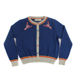 Blue knit cardigan featuring embroidered lobster motifs on the chest with contrast trim and button front, playful coastal-inspired apparel for fall and winter