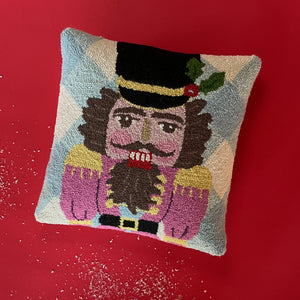 Hooked-Wool Blue Gingham Nutcracker Christmas Throw Pillow