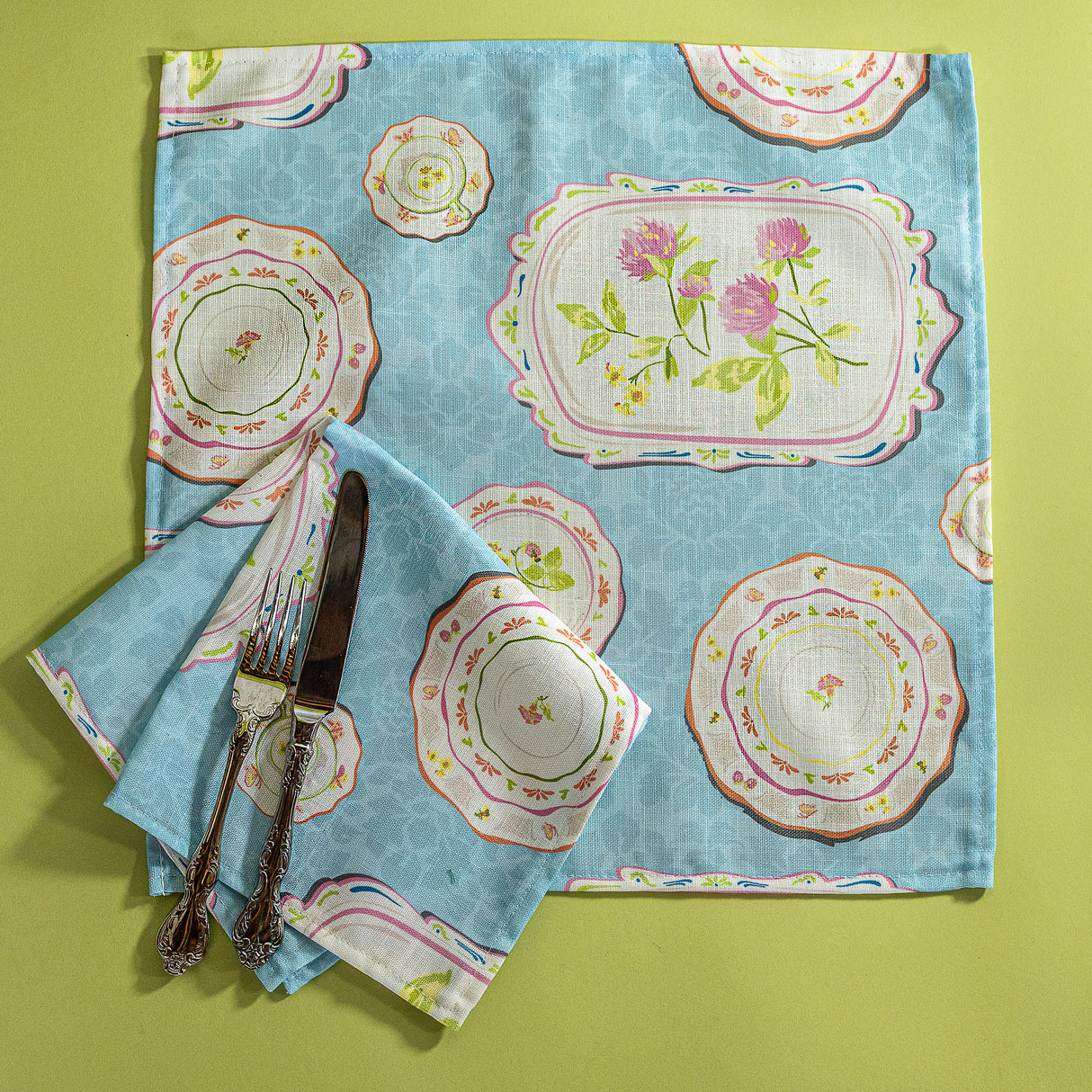 blue napkins made from vintage plates fabric from Madcap Cottage