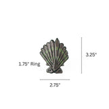 Brown and green shell napkin ring measuring 2.75 inches wide and 3.25 inches high with 1.75 inch ring.