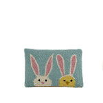 front pastel Easter bunny hooked pillow with chick design on white background