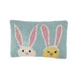 Front pastel Easter bunny hooked pillow with chick design on white background