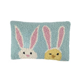 Front pastel Easter bunny hooked pillow with chick design on white background