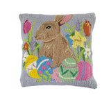 Easter hooked pillow with bunny, eggs and floral design in pastel colors