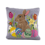 Front easter hooked pillow with bunny, eggs and floral design in pastel colors