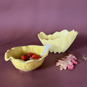 Vintage Portuguese Yellow Ceramic Leaf Bowls, Set of 2