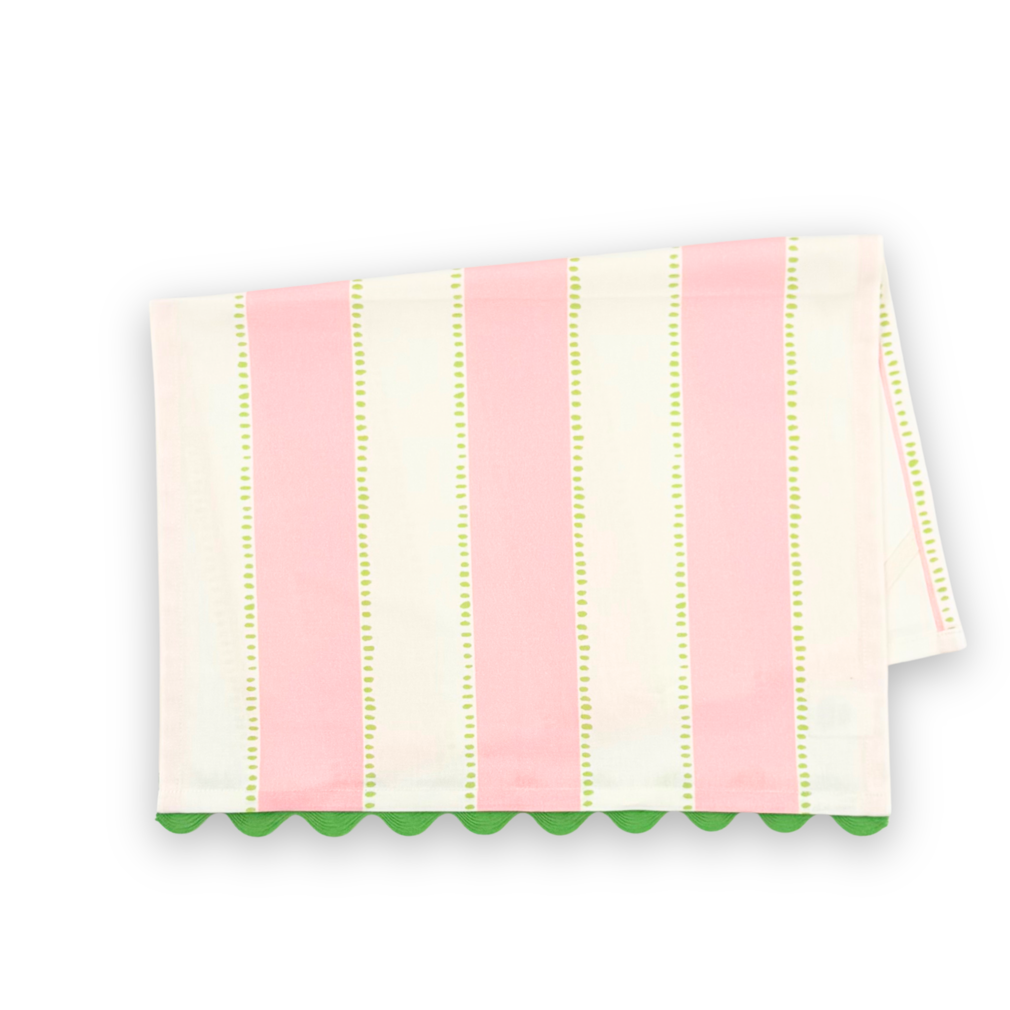 Folded Cabana Boy cotton tea towel featuring soft pink and white vertical stripes, delicate green dotted accents, and green scalloped trim.