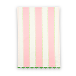 Cabana Boy cotton tea towel featuring soft pink and white vertical stripes, delicate green dotted accents, and green scalloped trim.