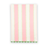 Cabana Boy cotton tea towel featuring soft pink and white vertical stripes, delicate green dotted accents, and green scalloped trim.