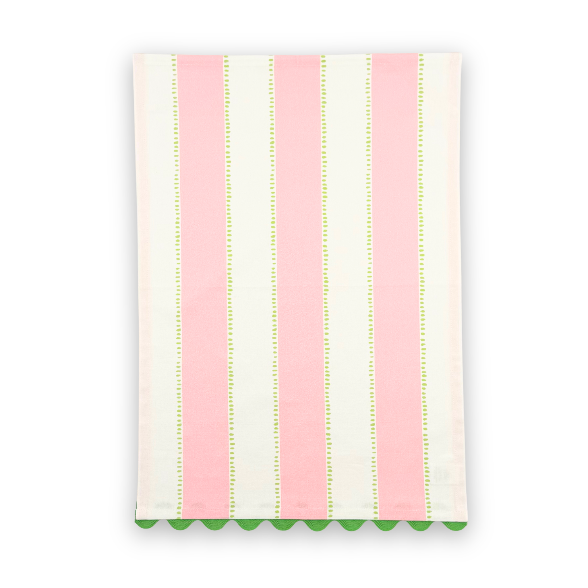 Cabana Boy cotton tea towel featuring soft pink and white vertical stripes, delicate green dotted accents, and green scalloped trim.