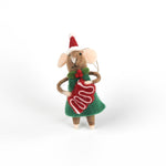 Felted Christmas mouse ornament wearing a green dress and red hat on a white background