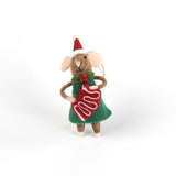 Felted Christmas mouse ornament wearing a green dress and red hat on a white background