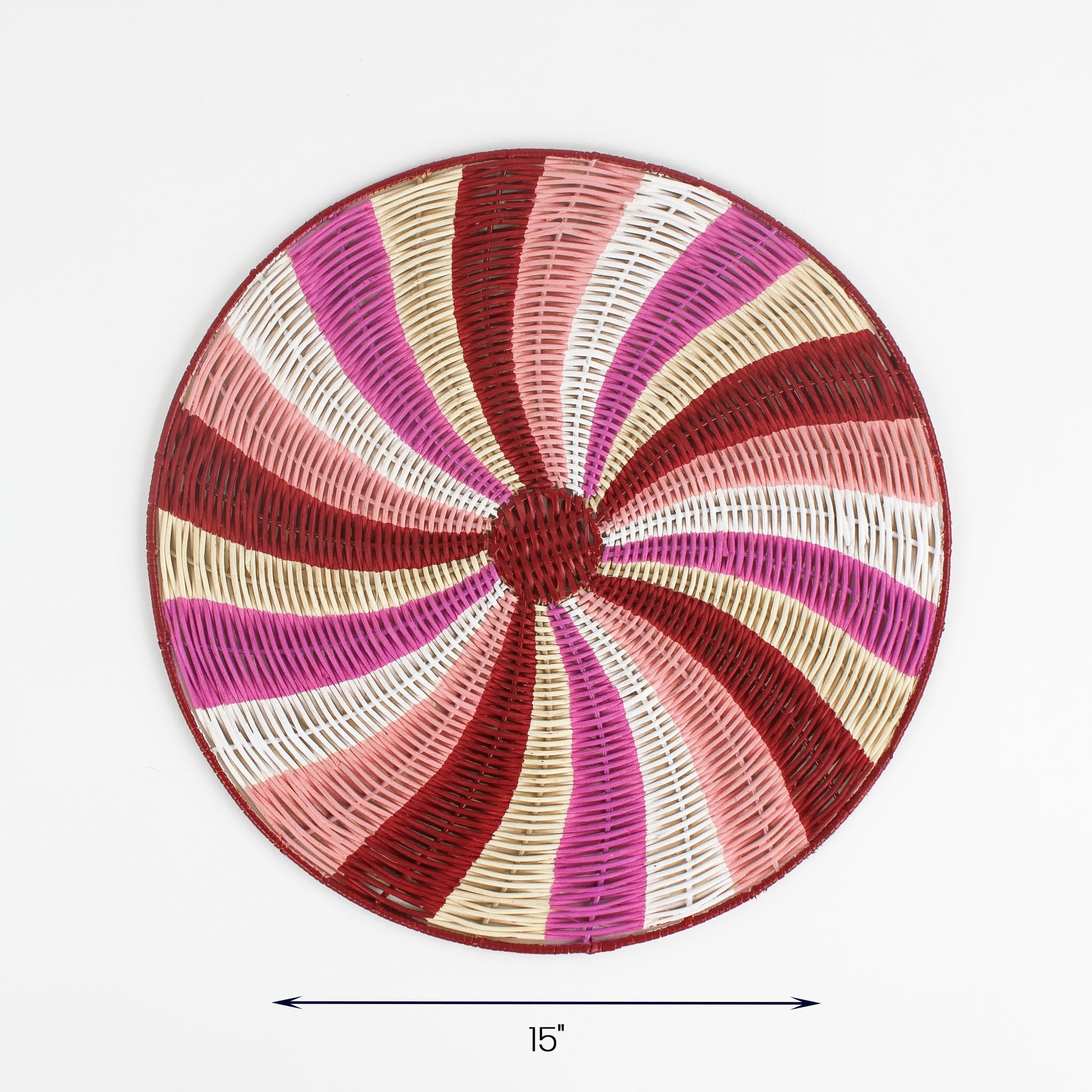 candy cane swirl Christmas woven placemat in red, pink, and white, 15 inch diameter, Christmas tea towel