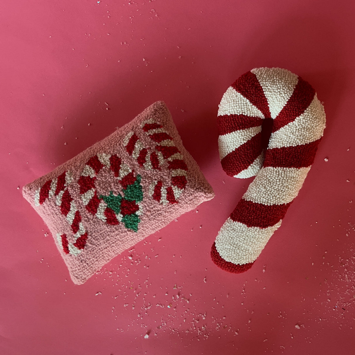 Christmas Hooked-Wool Candy Cane Throw Pillow