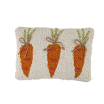 front hooked pillow with orange carrot design on neutral textured background