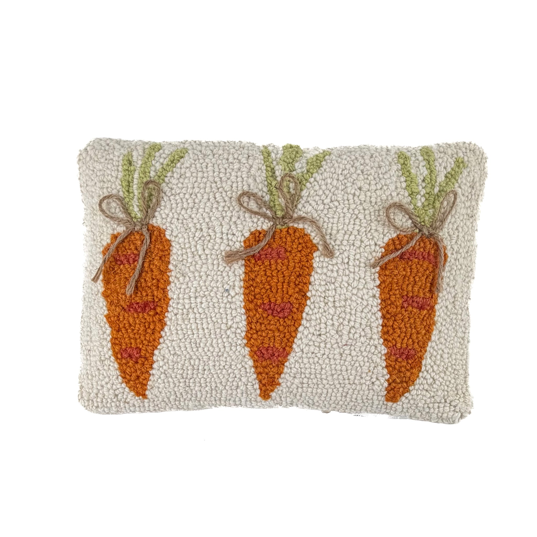 front hooked pillow with orange carrot design on neutral textured background