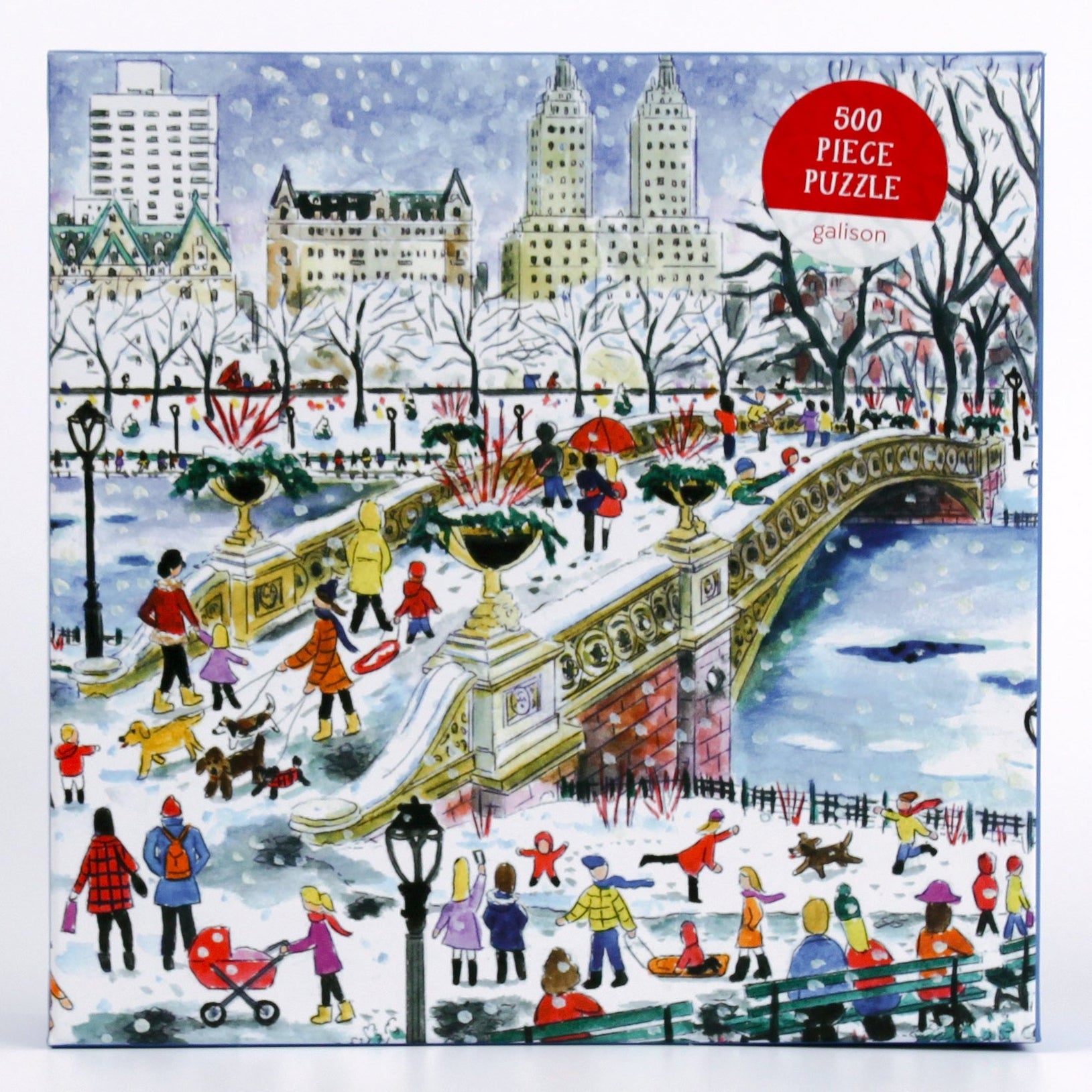 Puzzle box with a winter scene of people skating on a lake.
