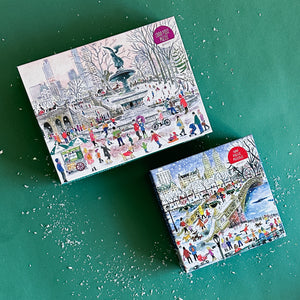 Two jigsaw puzzles depicting winter scenes in Central Park, with holiday decorations and activities.