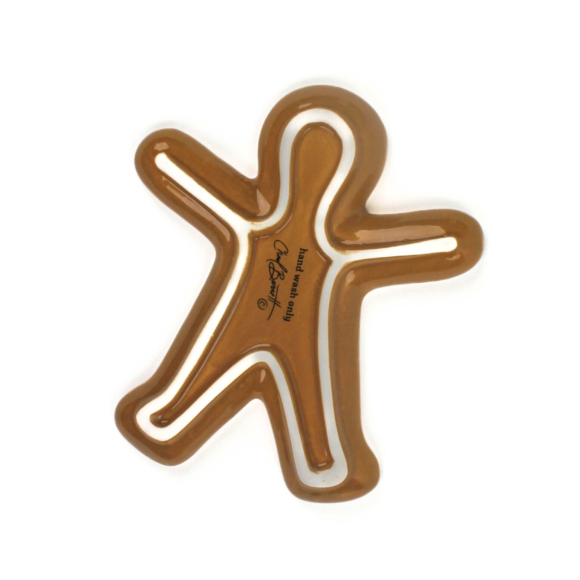 back of a Ceramic gingerbread Christmas accent plate shaped like gingerbread man with red scarf