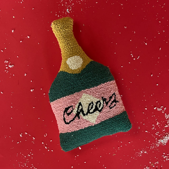 Champagne Bottle Hooked-Wool Pillow