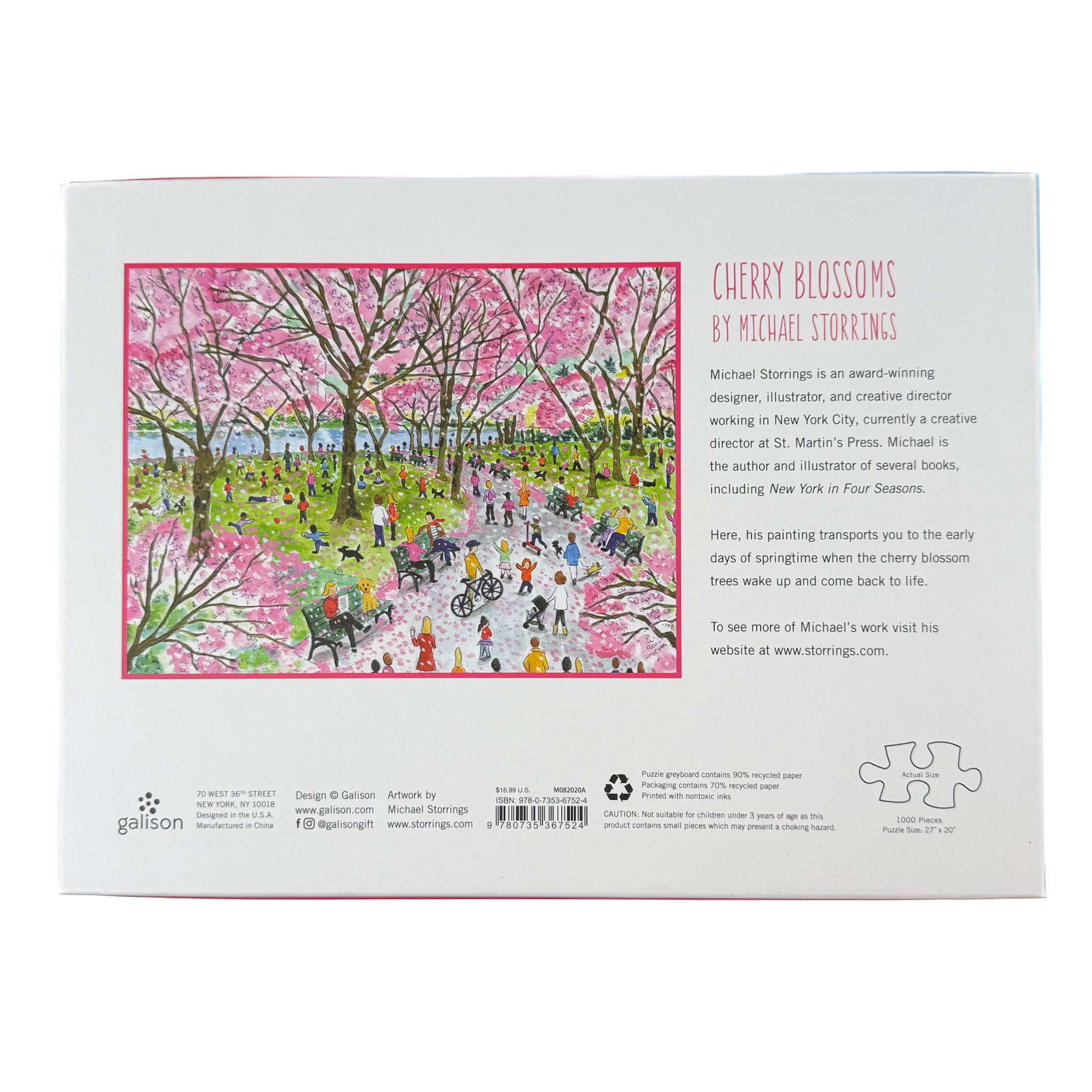 Back of 1000 piece jigsaw puzzle with cherry blossoms artwork in decorative box