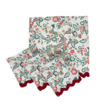floral and dragon chinoiserie pattern dinner napkin set with red scalloped edges