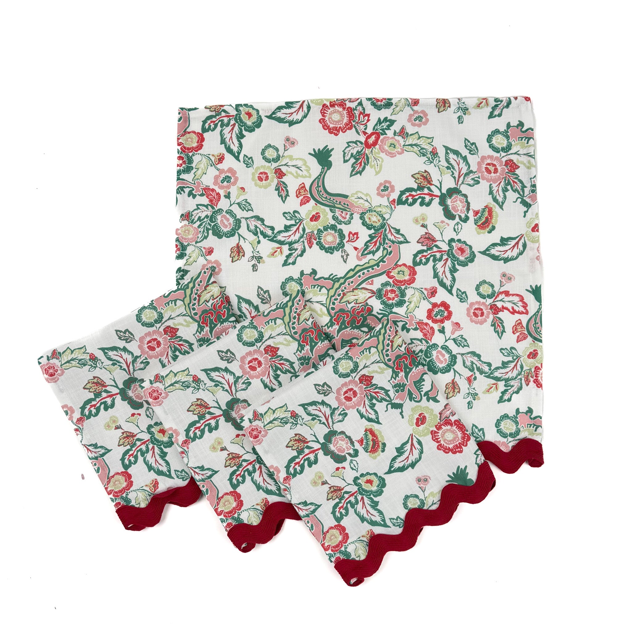floral and dragon chinoiserie pattern dinner napkin set with red scalloped edges