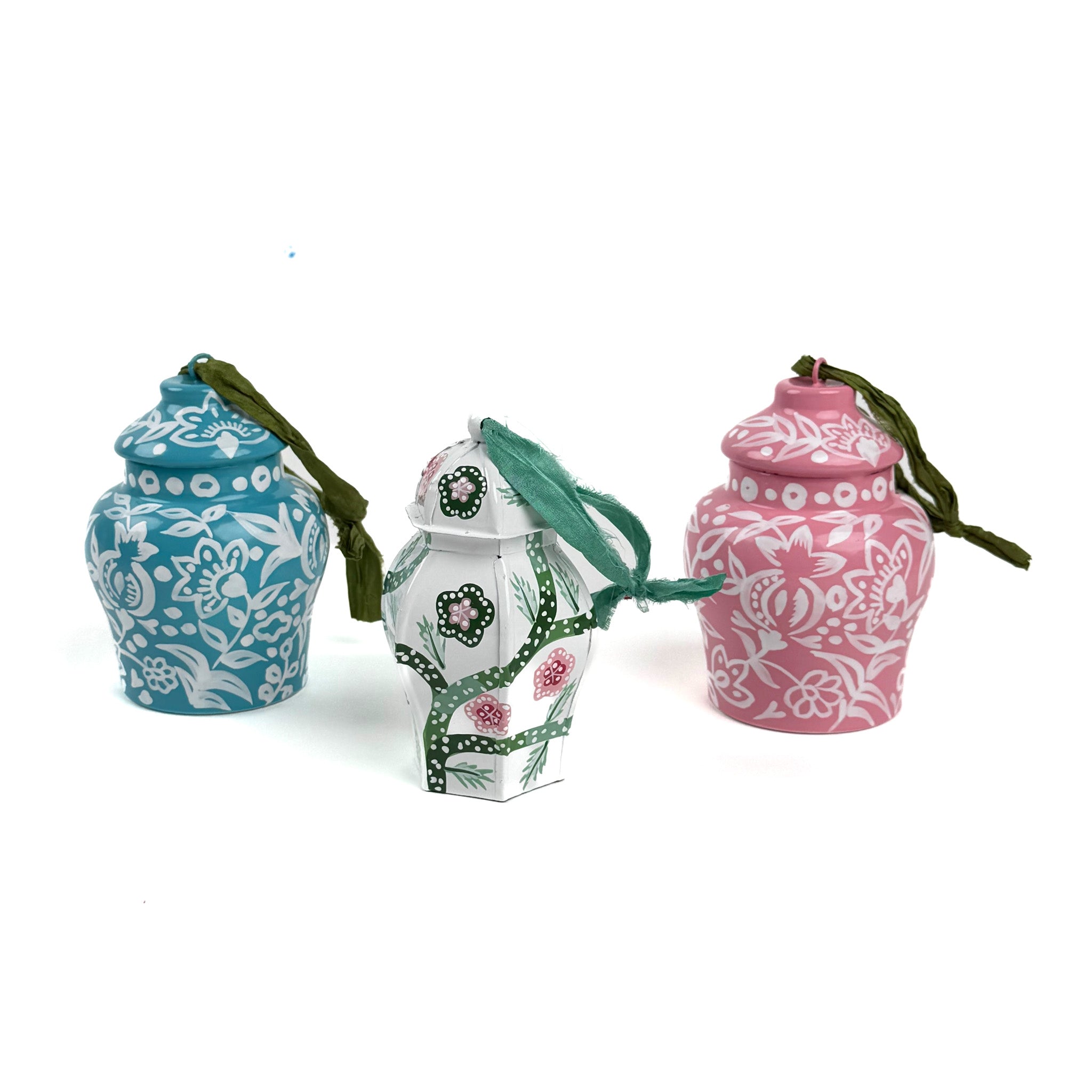 set of three chinoiserie-style jar ornaments in blue, white, and pink with ribbon hangers