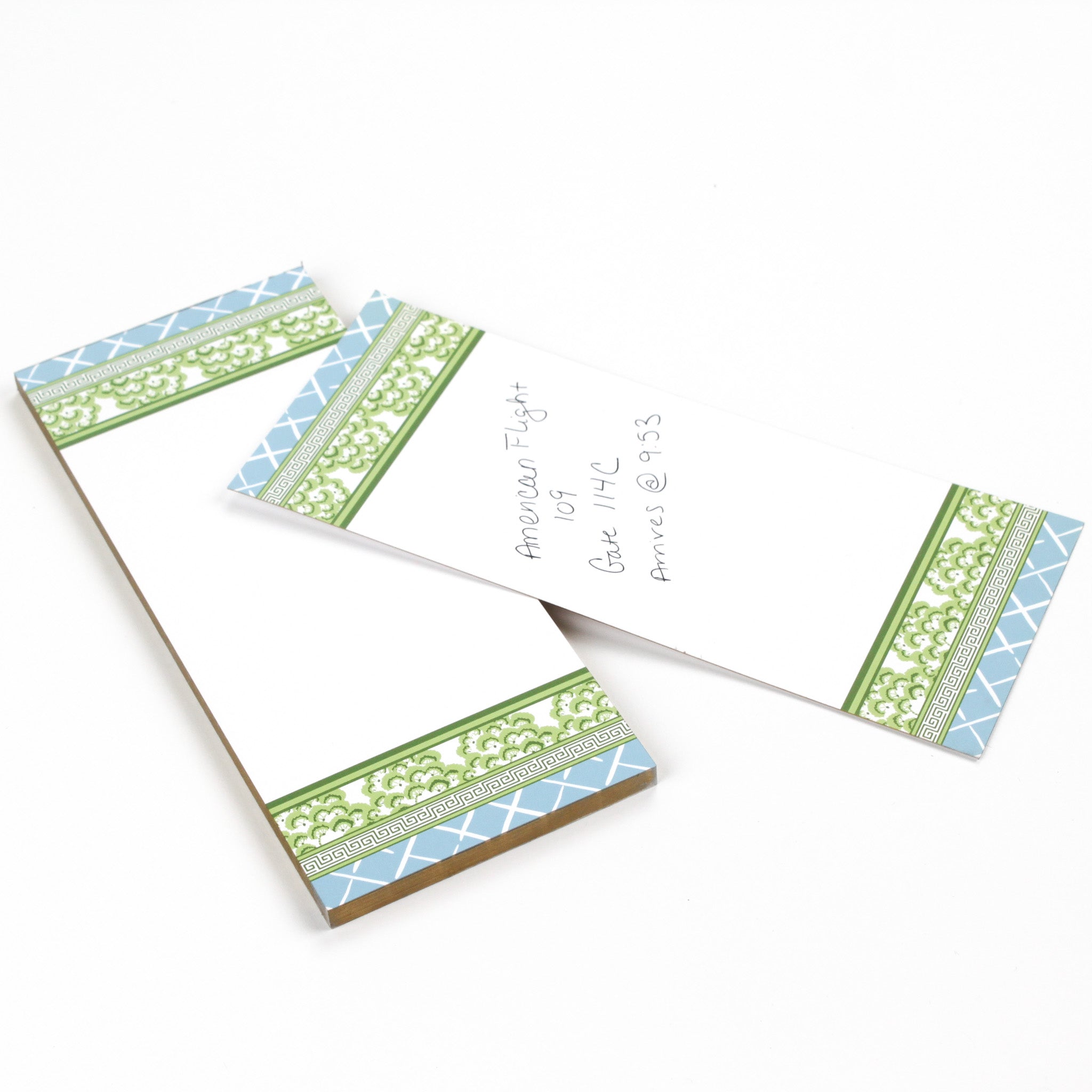Chinoiserie Luxe Skinny Notepads with Old Peking Green/Blue design on a white background
