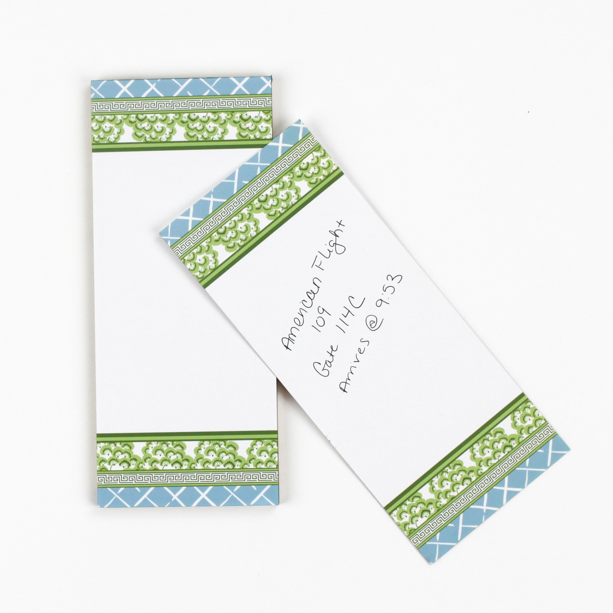Chinoiserie Luxe Skinny Notepads with Old Peking Green/Blue design on a white background