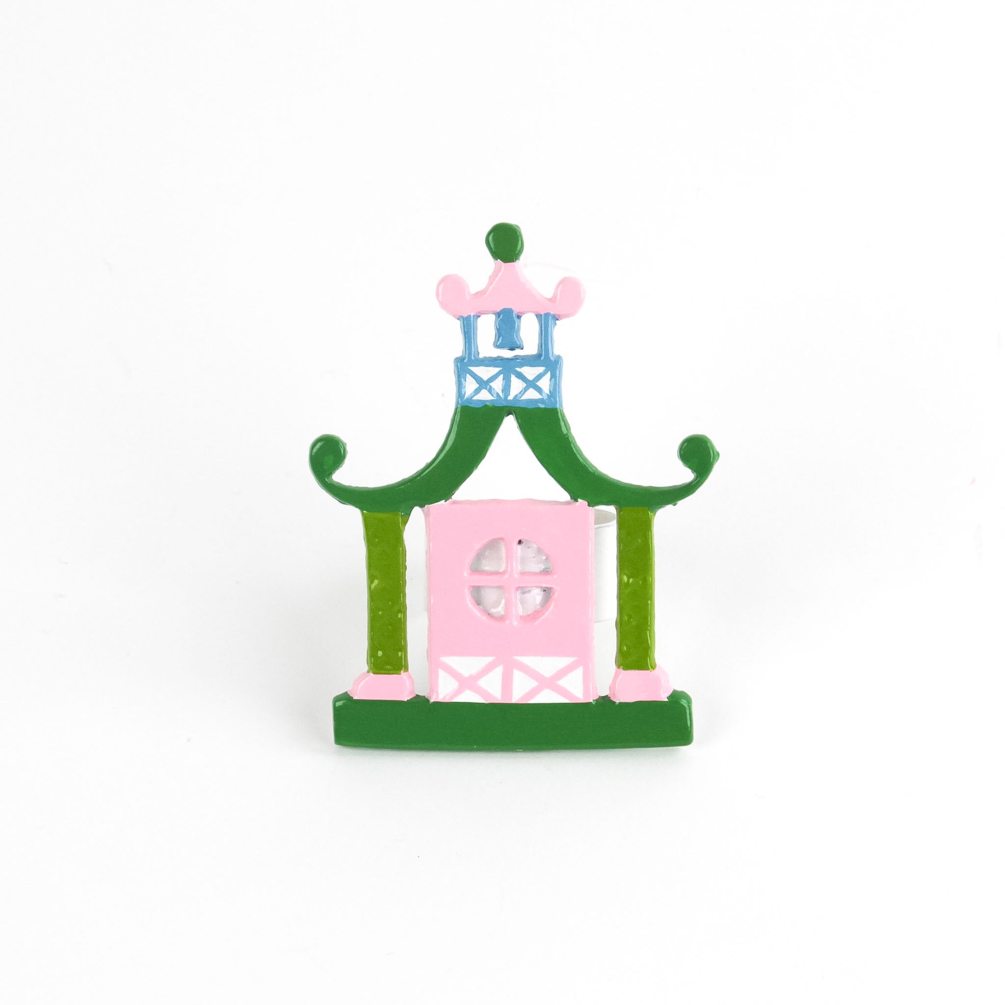 pink and green pagoda shaped metal chinoiserie napkin ring from madcap cottage. 
