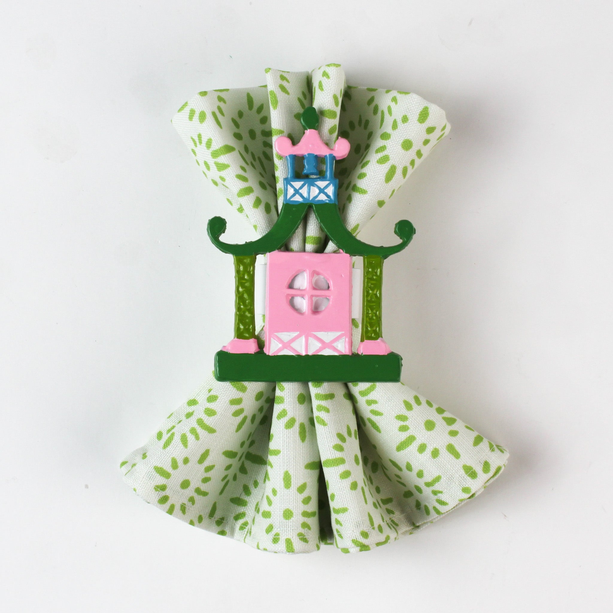 pink and green pagoda shaped metal chinoiserie napkin ring from madcap cottage. 