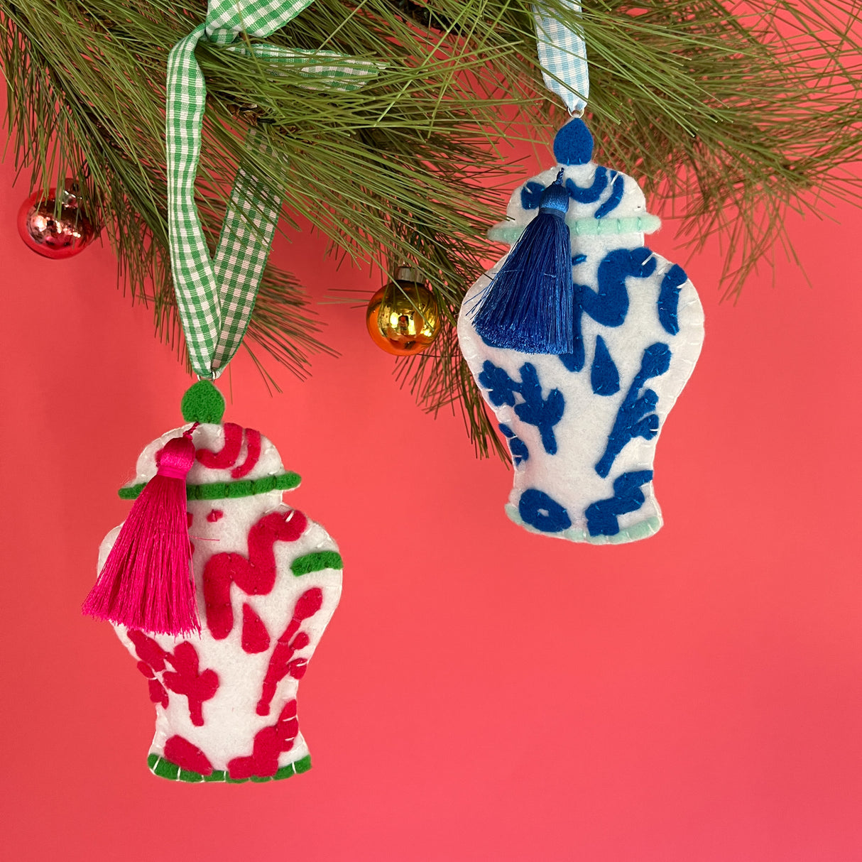 Felt Chinoiserie Ginger Jars Christmas Ornaments, Set of 2