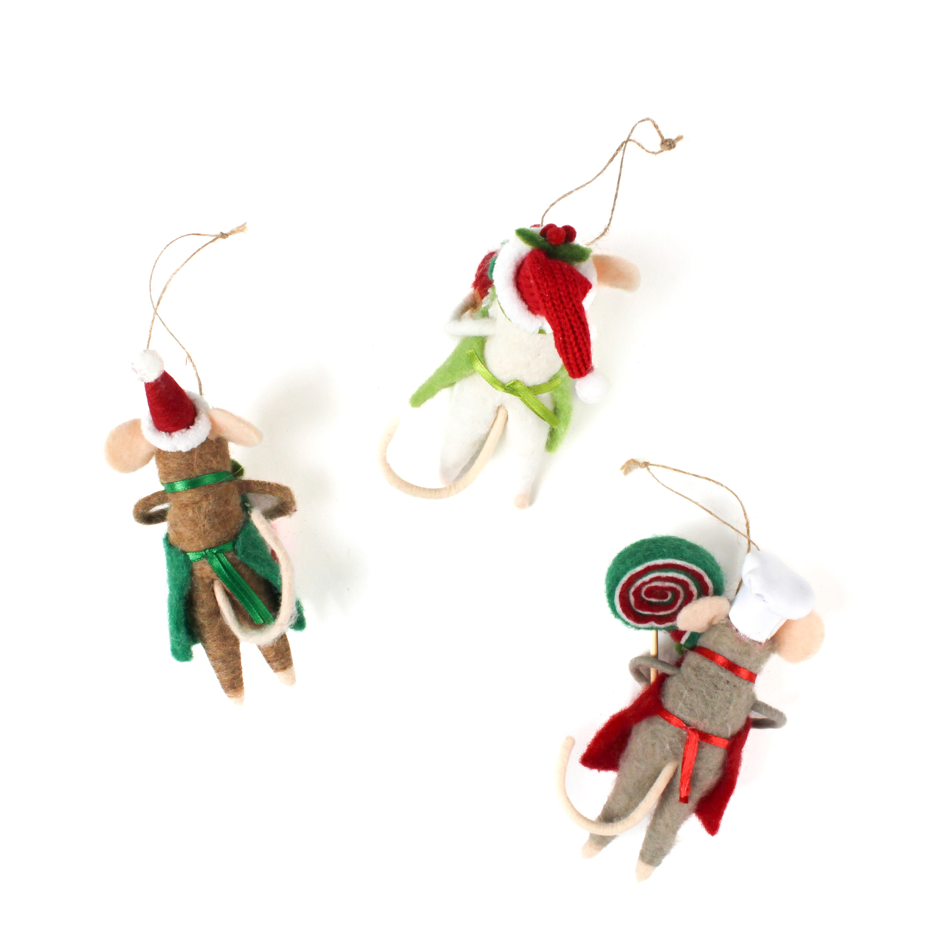 back of the three festive felt mouse ornaments wear holiday outfits—one holds a gingerbread cookie, another a giant lollipop, and the third a Christmas pudding