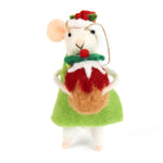 Felt Christmas mouse ornament holding a Christmas pudding on a white background