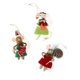 Three festive felt mouse ornaments wear holiday outfits—one holds a gingerbread cookie, another a giant lollipop, and the third a Christmas pudding