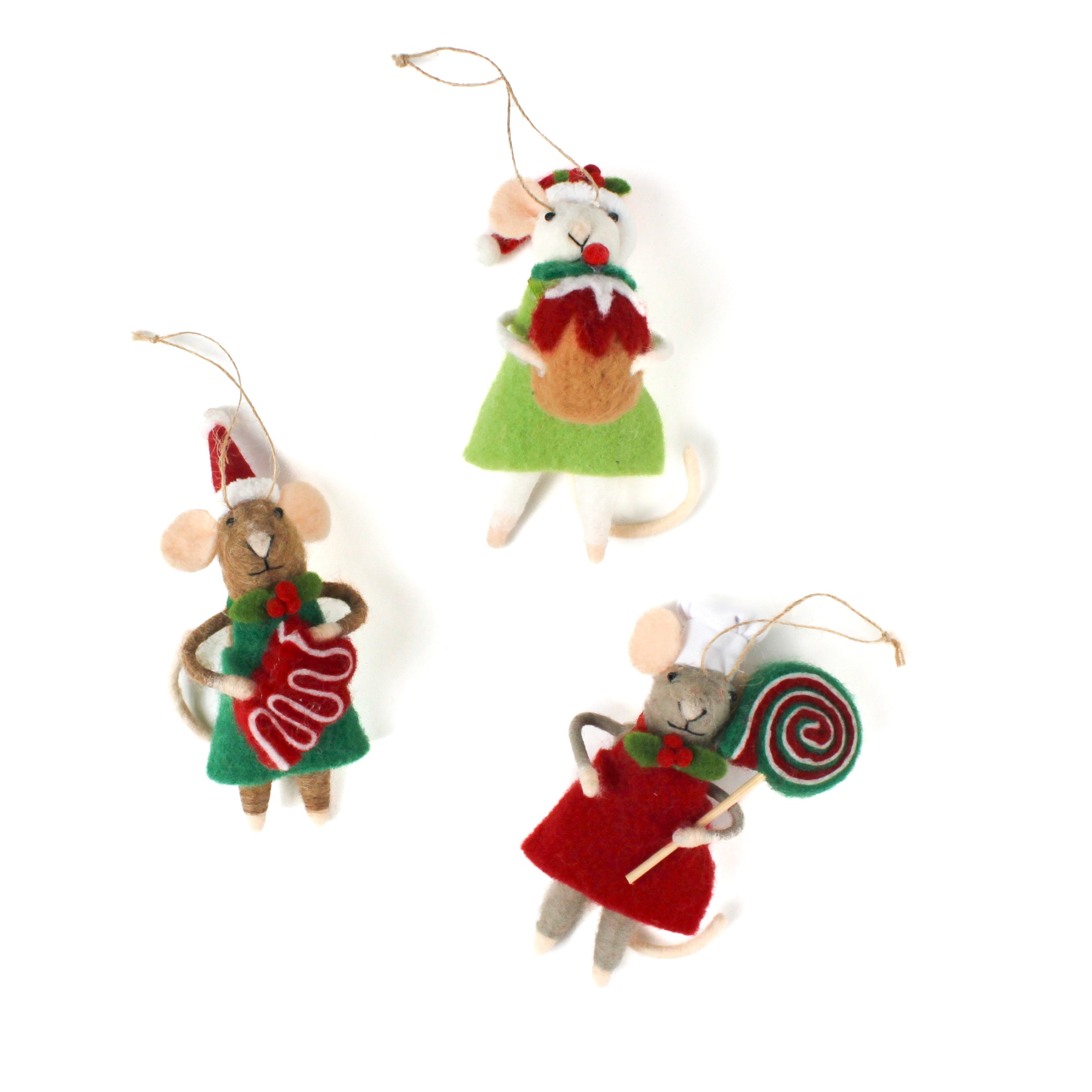 Three festive felt mouse ornaments wear holiday outfits—one holds a gingerbread cookie, another a giant lollipop, and the third a Christmas pudding