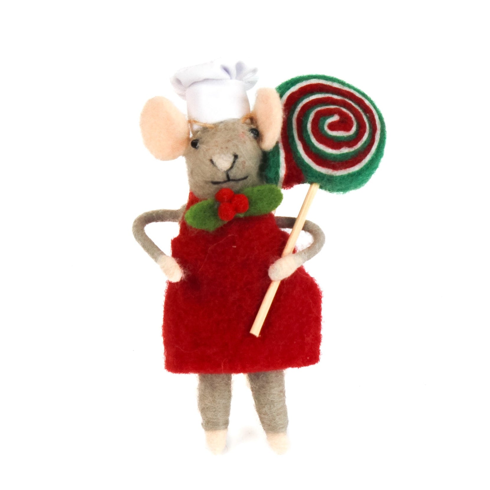 christmas mouse ornament in a red dress holding a lollipop on a white background