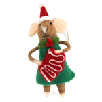 Felted Christmas mouse ornament wearing a green dress and red hat on a white background