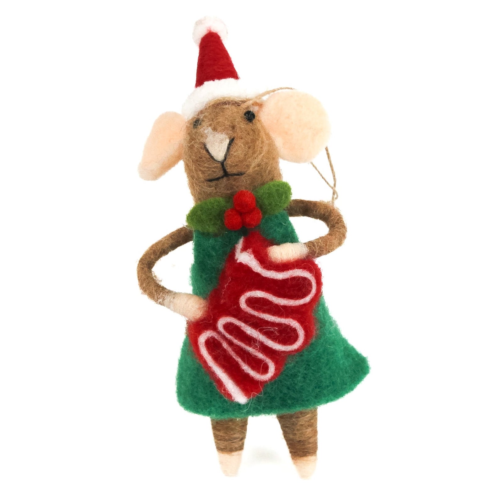 Felted Christmas mouse ornament wearing a green dress and red hat on a white background