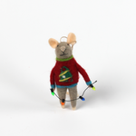 one felt mouse ornament dressed in colorful holiday sweater—a Christmas tree and holding a gift.