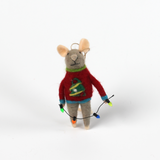 one felt mouse ornament dressed in colorful holiday sweater—a Christmas tree and holding a gift.