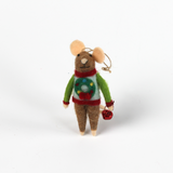 one felt mouse ornament dressed in colorful holiday sweater—a wreath, and holding a gift.