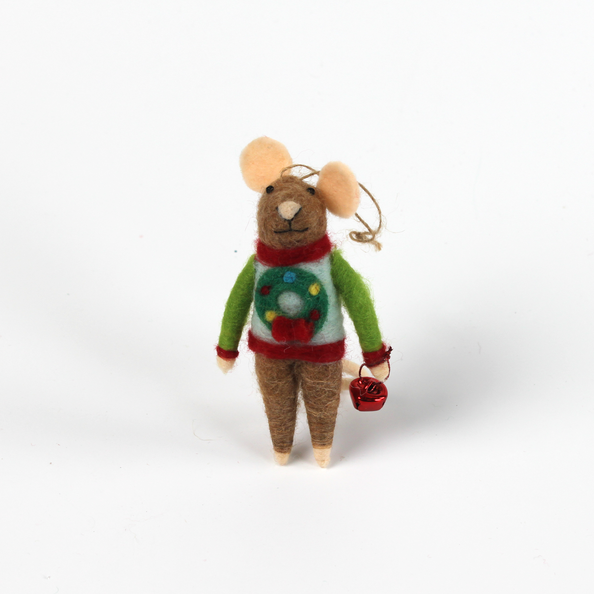 one felt mouse ornament dressed in colorful holiday sweater—a wreath, and holding a gift.