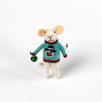 one felt mouse ornament dressed in colorful holiday sweater—with a snowman and holding a gift.