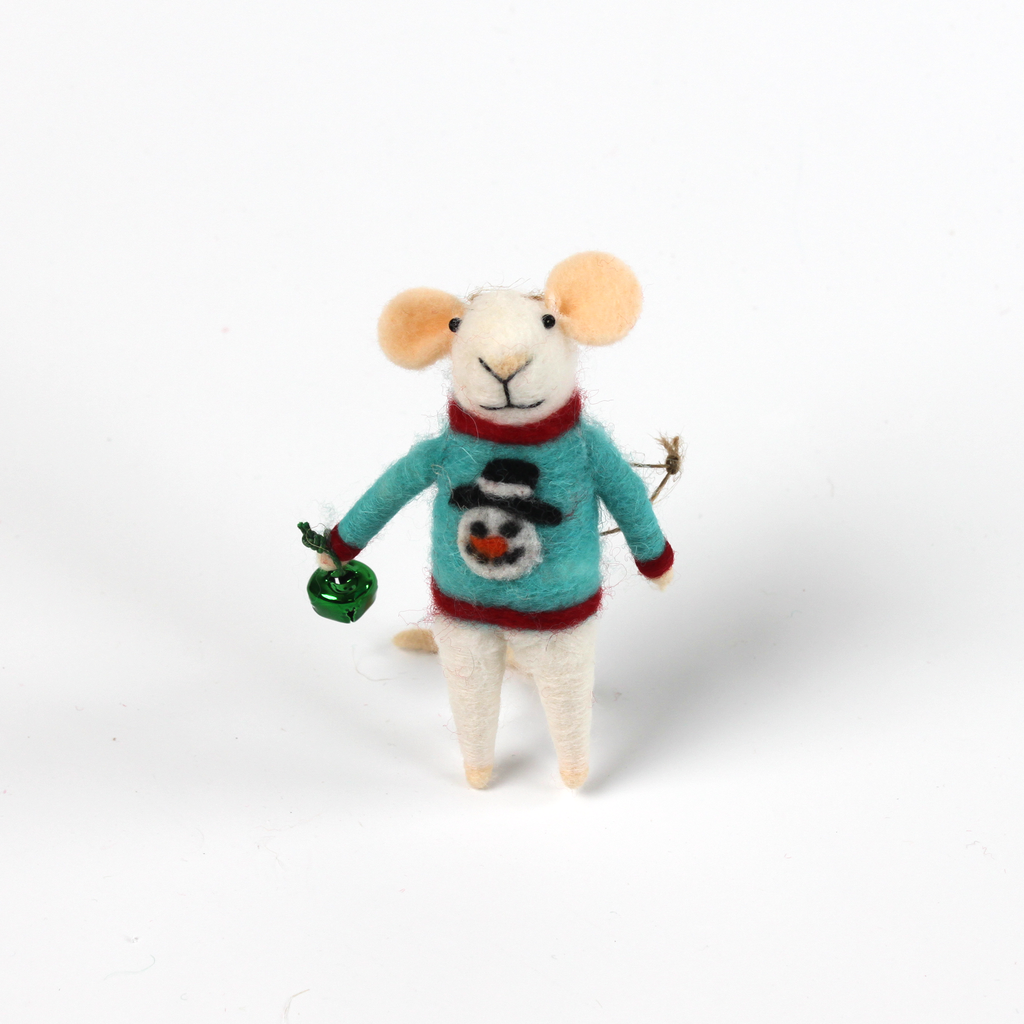 one felt mouse ornament dressed in colorful holiday sweater—with a snowman and holding a gift.
