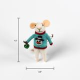 A 4.5-inch tall and 3-inch wide felt mouse ornament wearing a blue sweater with a snowman design, holding a small green jingle bell.
