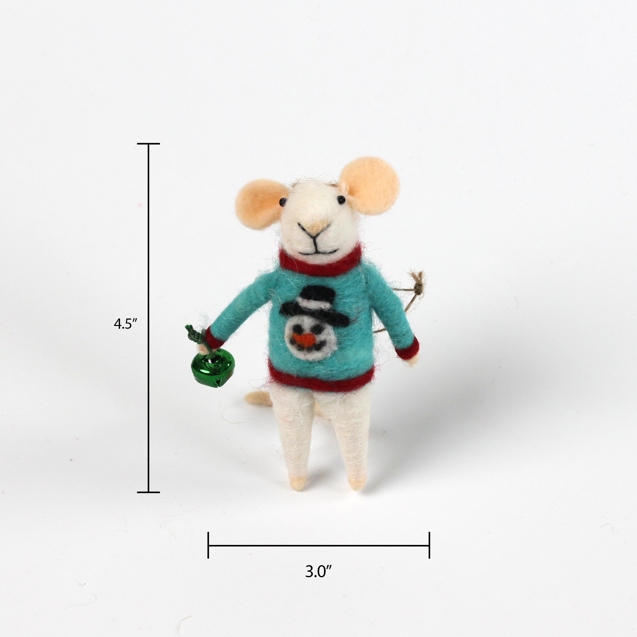 A 4.5-inch tall and 3-inch wide felt mouse ornament wearing a blue sweater with a snowman design, holding a small green jingle bell.
